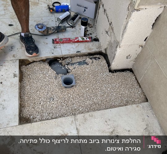 צינור ביוב פתוח עם כלים לתיקון